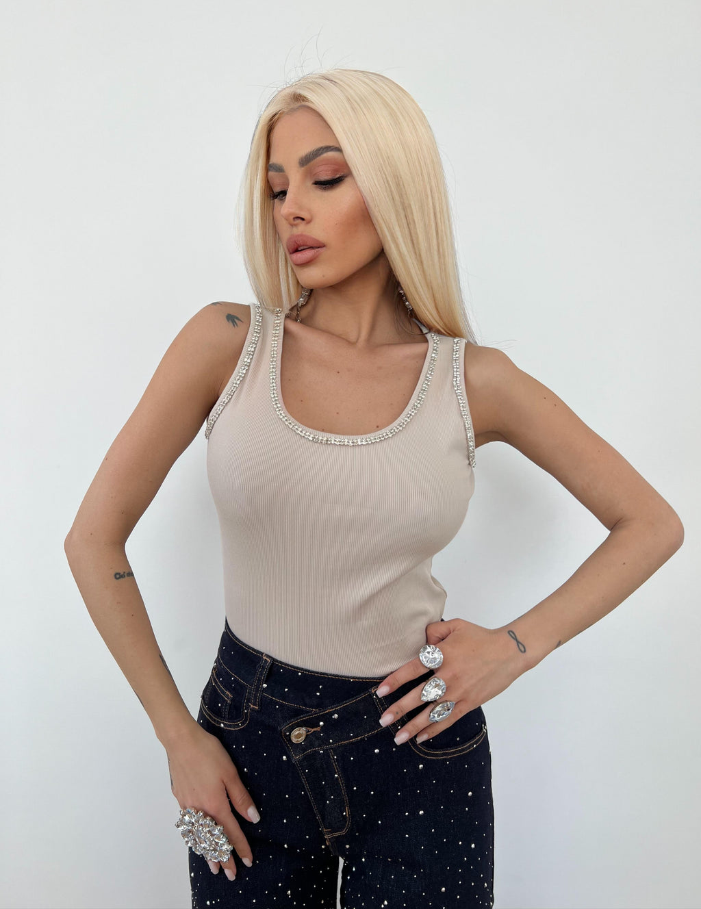 Canotta Swarovski Beige